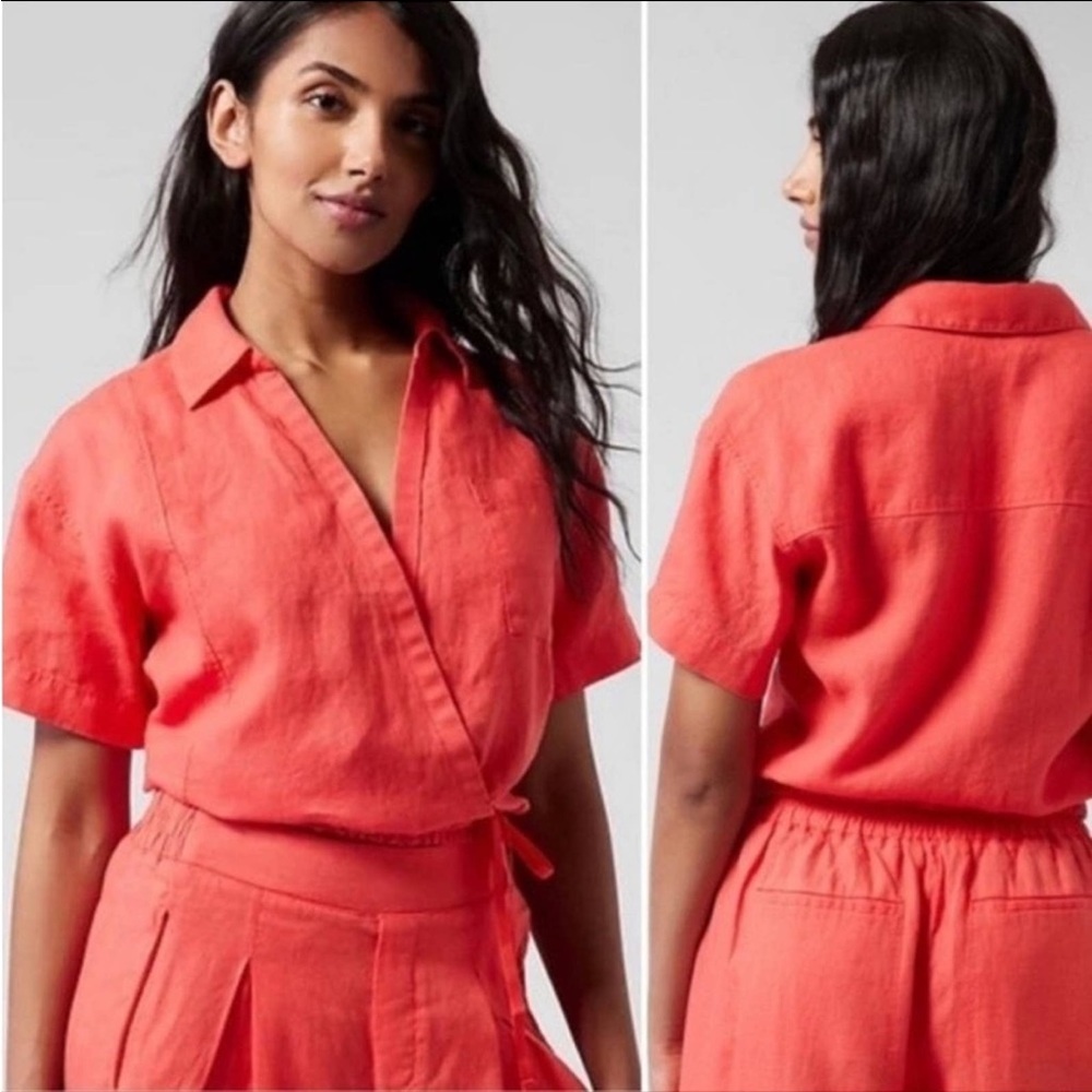 Athleta NEW 100% Linen Cropped Playa Wrap‎ Tie Top in Passionfruit Coral